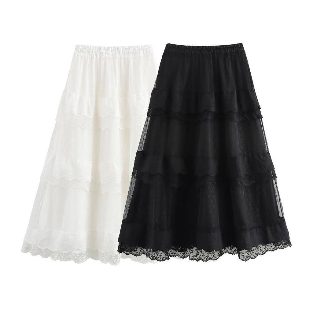 Spring 2025 Women's European & American Lace Trim Puff Midi Skirt