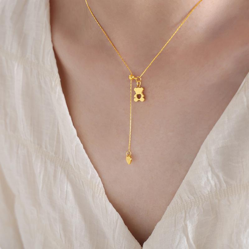Adjustable Titanium Steel Heart-Shaped Necklace with Bear Pendant: European & American Retro Style