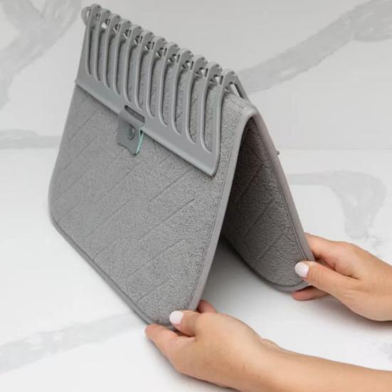 Foldable Dish Drying Mat Super Absorbent Microfiber Drain Pad Stackable Shelf Design Non-Slip Kitchen