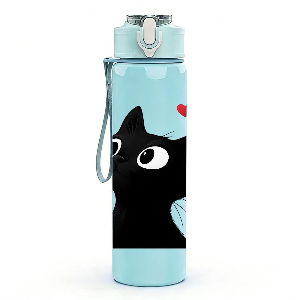1PC Black Cat Red Heart Pattern 750ml Color Plastic Sports Water Bottle Leakproof Flip Straw Lid Suitable for Sports Office Home Use