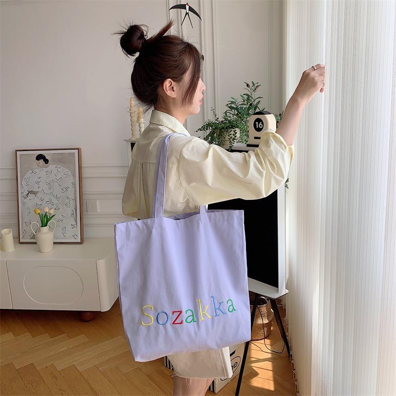 Canvas Bag Summer Embroidery Letters Large Capacity Tote Student Bag Class Bag Portable
