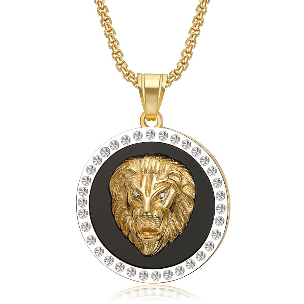 

Punk Fashion Iced Out Lion Head Pendant Gold Color Stainless Steel Animal Round Necklaces for Men Party Jewelry Male Gift 2025 60cm