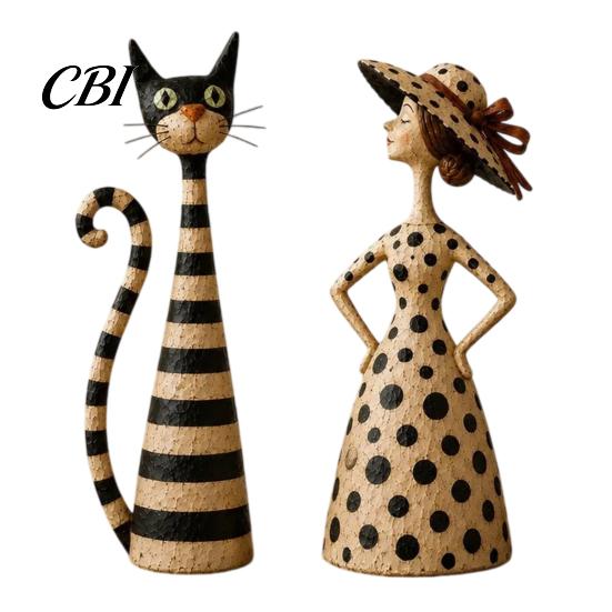 Unique Gifts for Cat Lovers 2Pcs Vintage Lady And Sculptures Set, Resin Striped Figurine, Retro Elegant Desktop Decorations Statue with Polka