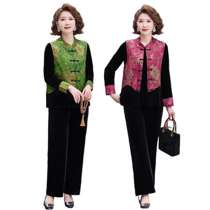 2026 Velvet Retro Suit for Mothers: Stylish Spring/Autumn Vest Jacket In Chinese National Style