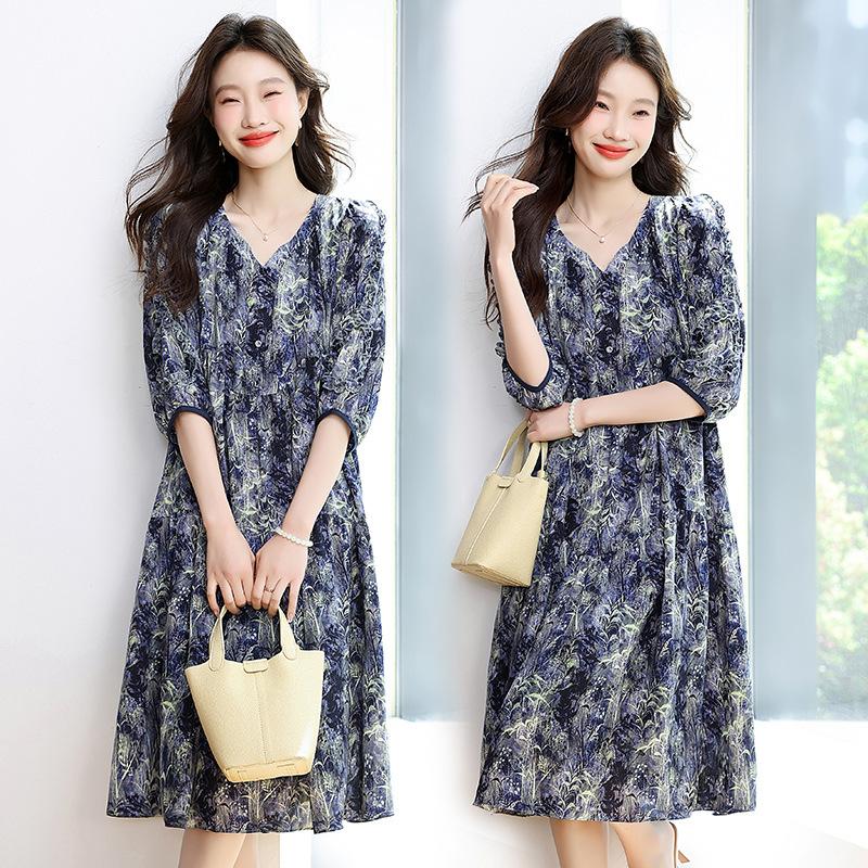 Loose belly-covering dress for women's new  design, thin middle-aged thin floral dress