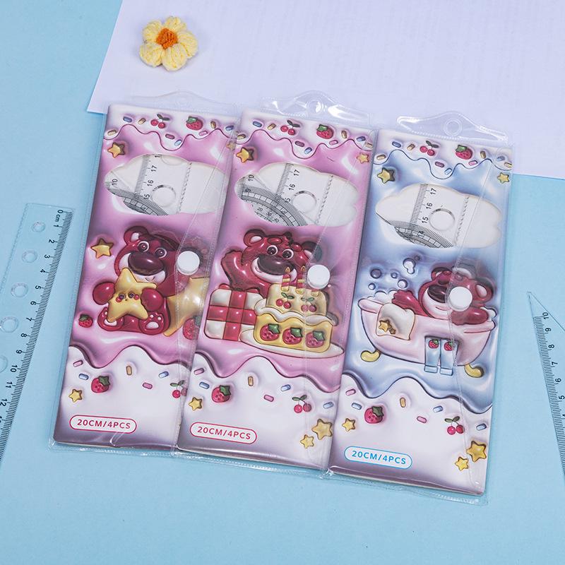 Cute Cartoon Student Ruler Set: Transparent 20cm Straight Ruler, Triangle Ruler, Protractor - 4 Pieces 20CM