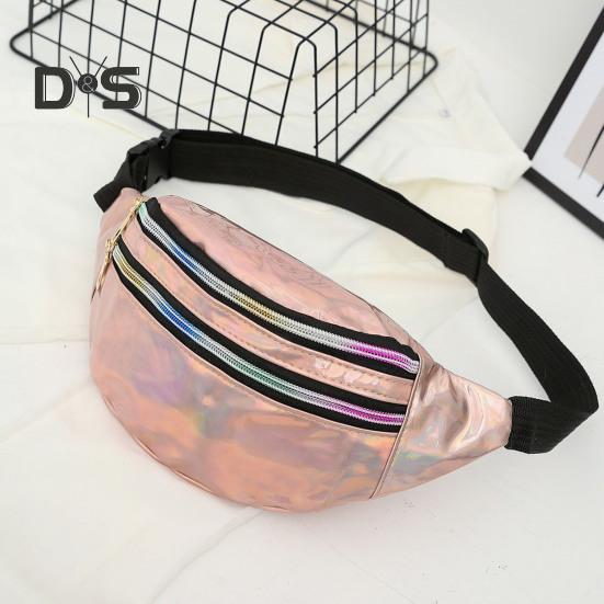 Iridescent Midjeväska Glitter Bältesväska Vattentät Magväska Konstläder Bum Bag med 3 Fickor för Resor Fest Strand Musikfestival