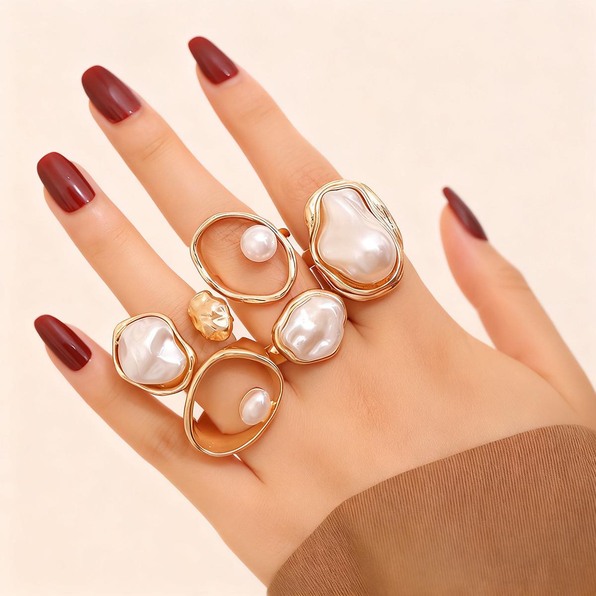 Hot-selling irregular shape multi-joint ring set, inlaid with special-shaped baroque imitation pearl ring