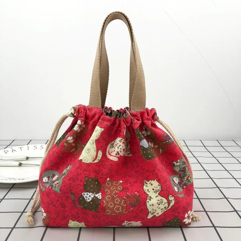 Japanese Cute Bento Bag Handheld Canvas Bag Cartoon Portable Drawstring Cutlery Storage Drawstring Bags for Two Lunch Boxes