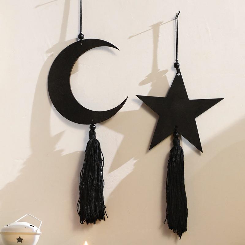 2pcs/set Black Moon Star Tassel Wooden Craft Pendant Minimalist Home Bedroom Wall Suspension Decoration