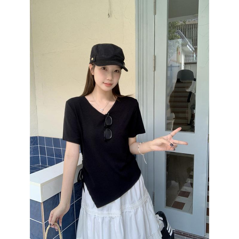 

2026 Summer Plus Size Women s V-Neck Drawstring Casual Short Sleeve T-shirt 3XL чорний