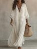 Dámské Boho Maxi Šaty s Krajkovým Detalem a Výstřihem do V, Zvonové Rukávy, Jednobarevné, Ležérní, Volný Střih, Letní Šaty
