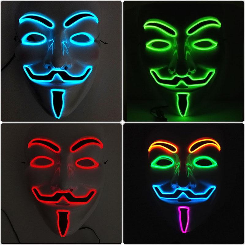 Halloween Glowing V Mask EL Wire Neon Light Up Anonymous Mask Cosplay Horror Luminous Mask for Man Women Haunted House Props