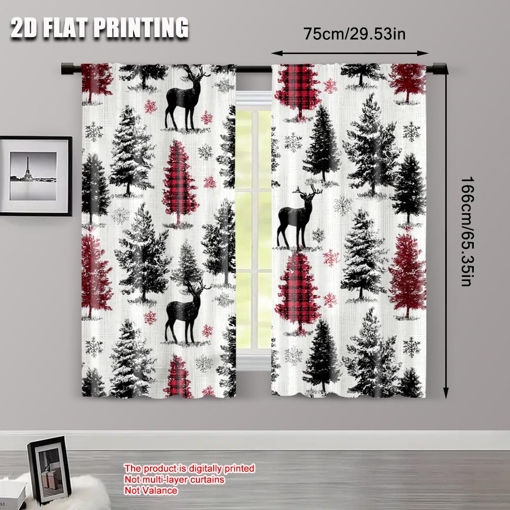 2pcs 2D flat printing Window Treatment Curtains Christmas Deer Snowflake Plaid 100% Polyester Without Electricity Holiday