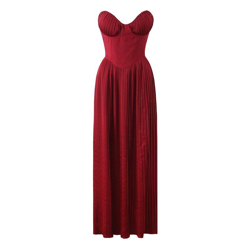

House Same Style Ocean Beauty French Style Shell Shape Strapless Dress Sexy Elegance Pleated Long Dress Dress Beautiful wine red S