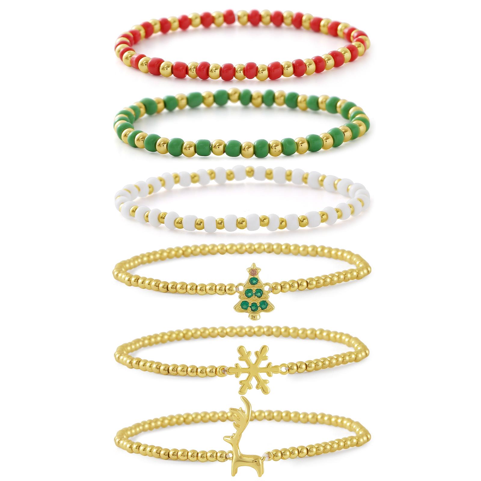 Gold-Plated Christmas Bracelet Set: Tree, Snowflake, Reindeer Pendants with Beads Gold-Plated