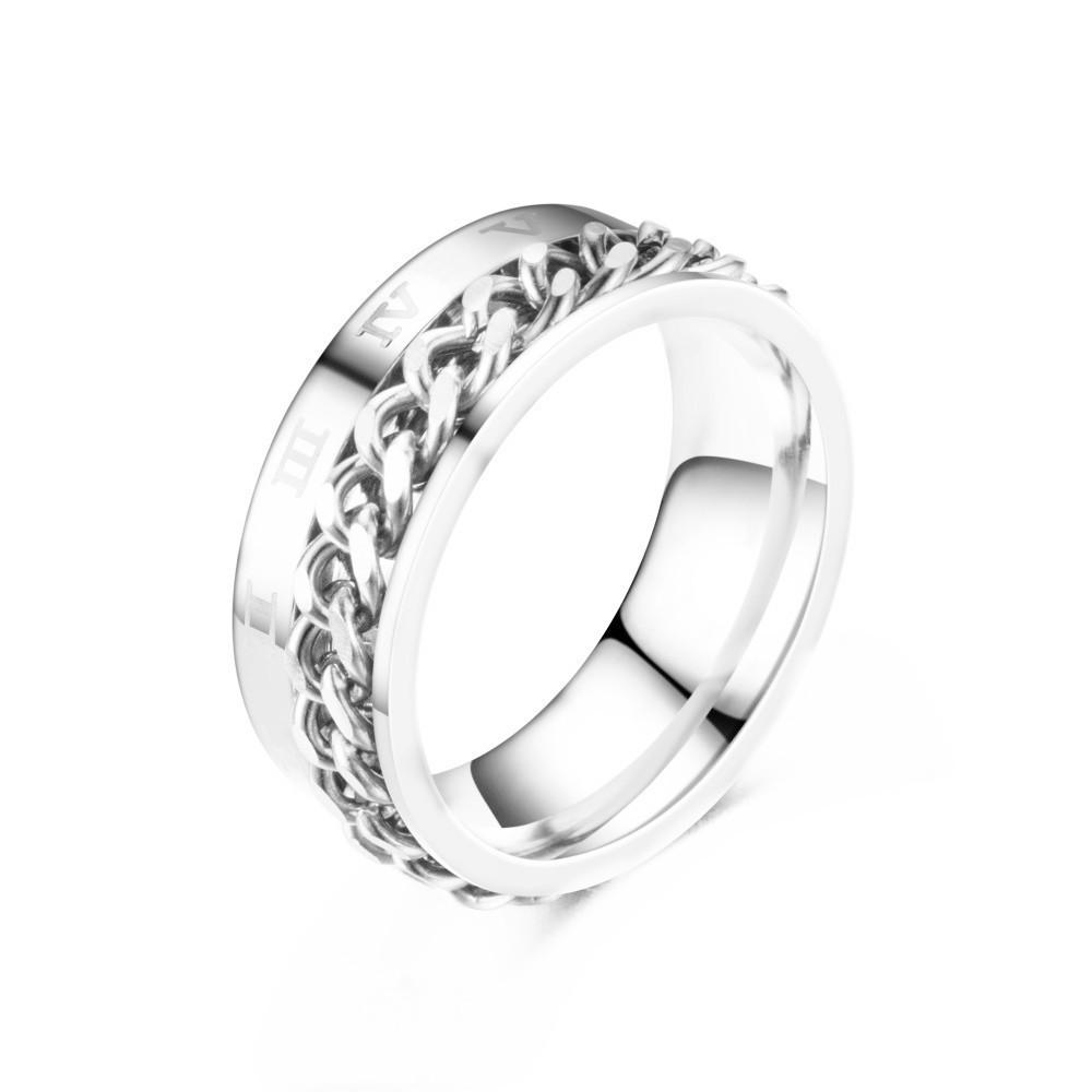Stainless Steel Roman Numeral Rotating Ring - Titanium Chain Band