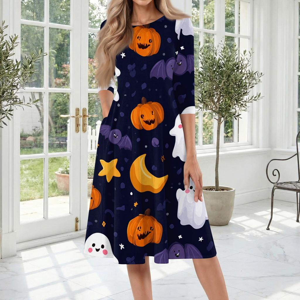 Women's Halloween Print Casual Fashion Round Neck Three Quarter Sleeve Mid Length Dress with Pockets Comfortable Fit