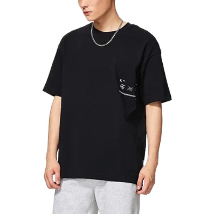 Lining Solid Color Crew Neck Loose Short Sleeve T-Shirt Unisex Tops Black AHSS649-1