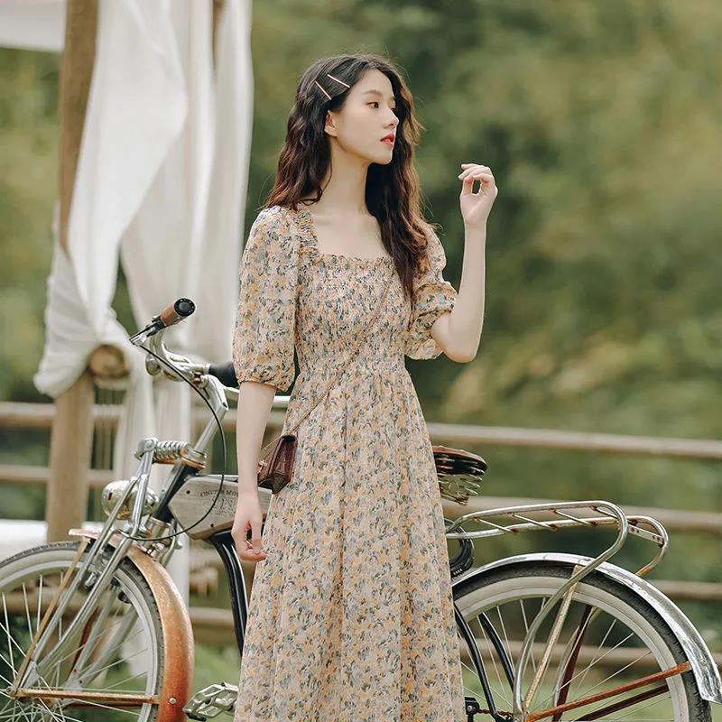 2023 Summer Korean Square Neck Floral Chiffon Dress - Ruched High Waist with Puff Sleeves