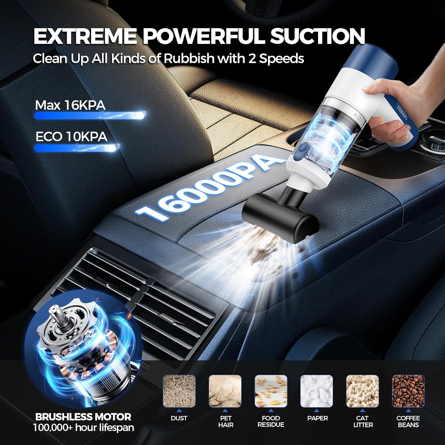 

Cordless Car Vacuum Cleaner 4-in-1, 16000PA High Power Rechargeable Handheld with Brushless Motor & Multi-Nozzles United States