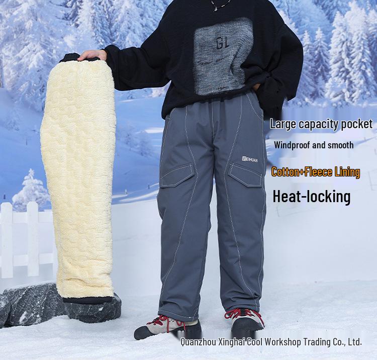 Pantaloni de iarnă pentru băieți, din bumbac cu căptușeală din fleece: Pantaloni Sport Largi Rezistenți la Vânt, Călduroși, Hidrofobi