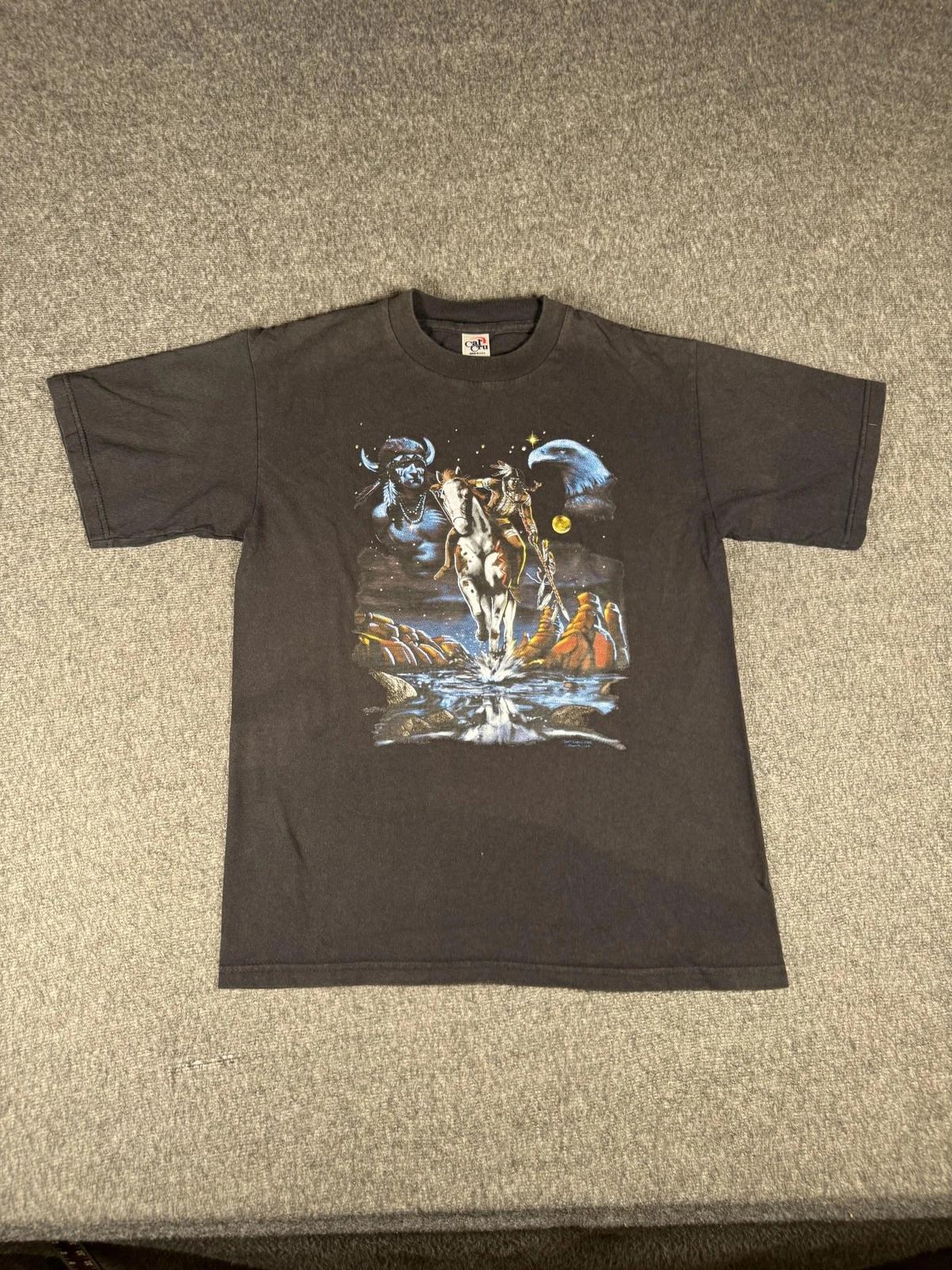 Vintage Native American Shirt Mens Small Black Horse Eagle Buffalo Made USA 90s S