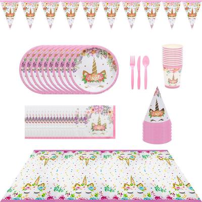 Sada nádobí pro jednorožčí párty: Obsahuje talíře, kelímky, ubrus, vlaječky - Ideální pro narozeniny a Den dětí