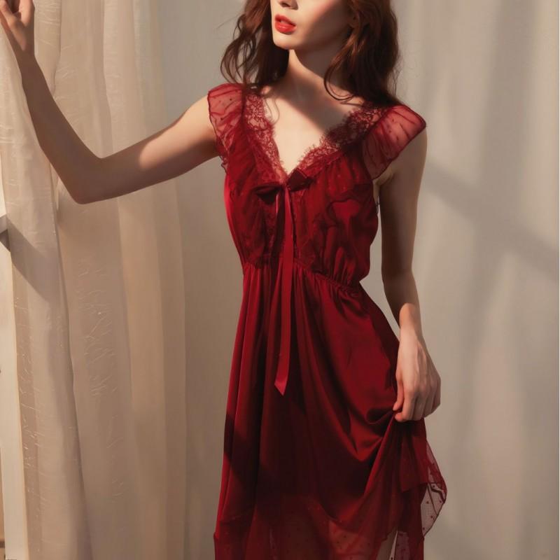 Pure Desire Style Satin Slip Nightdress Sexy Backless Lace Bow Polka Dot Lingerie Women