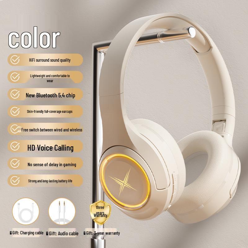 New 2025 Over-Ear Wireless Bluetooth Gaming Headset with Noise Cancelling, Card Slot, Luminous Design, and Extended Battery Life.