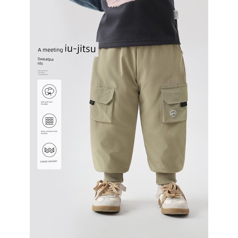 Boys' Mountain-Style Workwear Cotton Pants, Thick Woven Trousers, Winter 2025 New Children's Clothing, Baby Winter Warm Pants