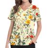 Floral Print V Neck Medical Scrub Top with Pockets Side Slits Short Sleeve Nurse Uniform Shirt for Women Comfortable Fit