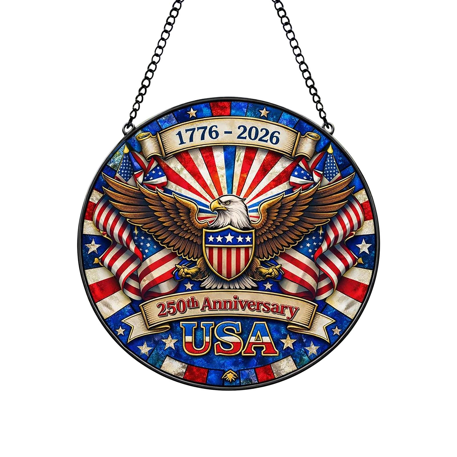 

American 0th Anniversary Stained Glass Acrylic Suncatcher, Patriotic Flower Vase Window Hanging Decor One Size