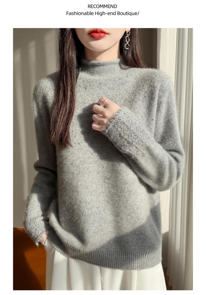 2026 A/W Wool Sweater: Thickened Roll Edge, Half-High Collar, Long Sleeve, Hot-Fix Rhinestone, Hollow-Out Knitwear.