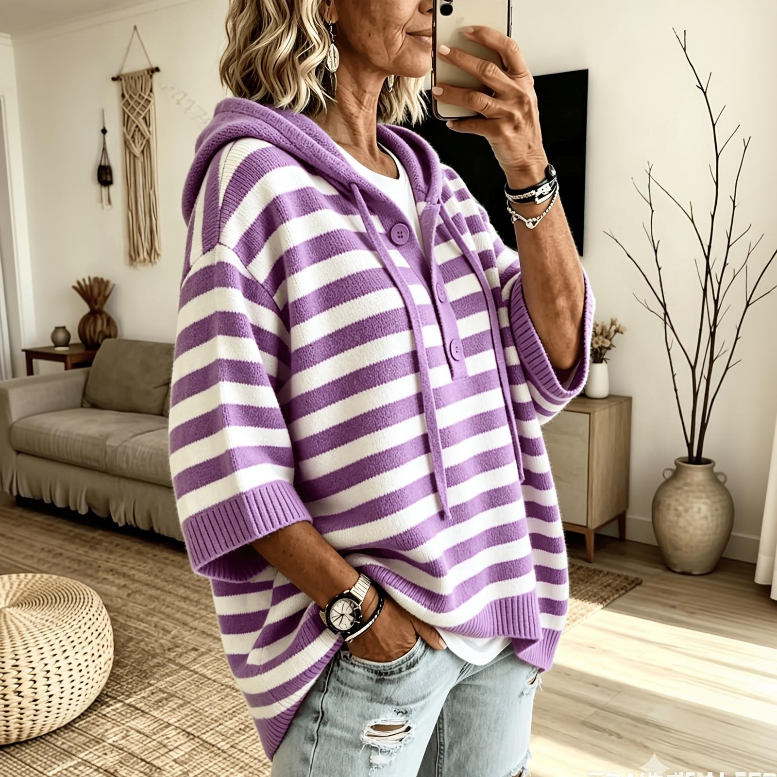 Women s Striped Button Front Hooded Sweater with Drawstring Casual Knit Pullover M