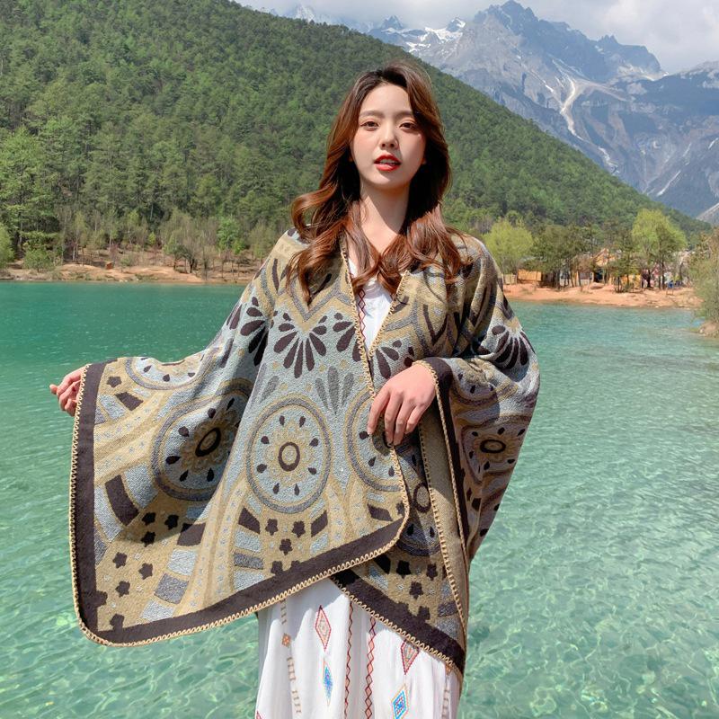 Sciarpa da Donna in Imitazione Cashmere alla Moda Poncho Floreale Invernale Calda Coperta Wrap Boho Femminile Pashmina Sciarpa Chales