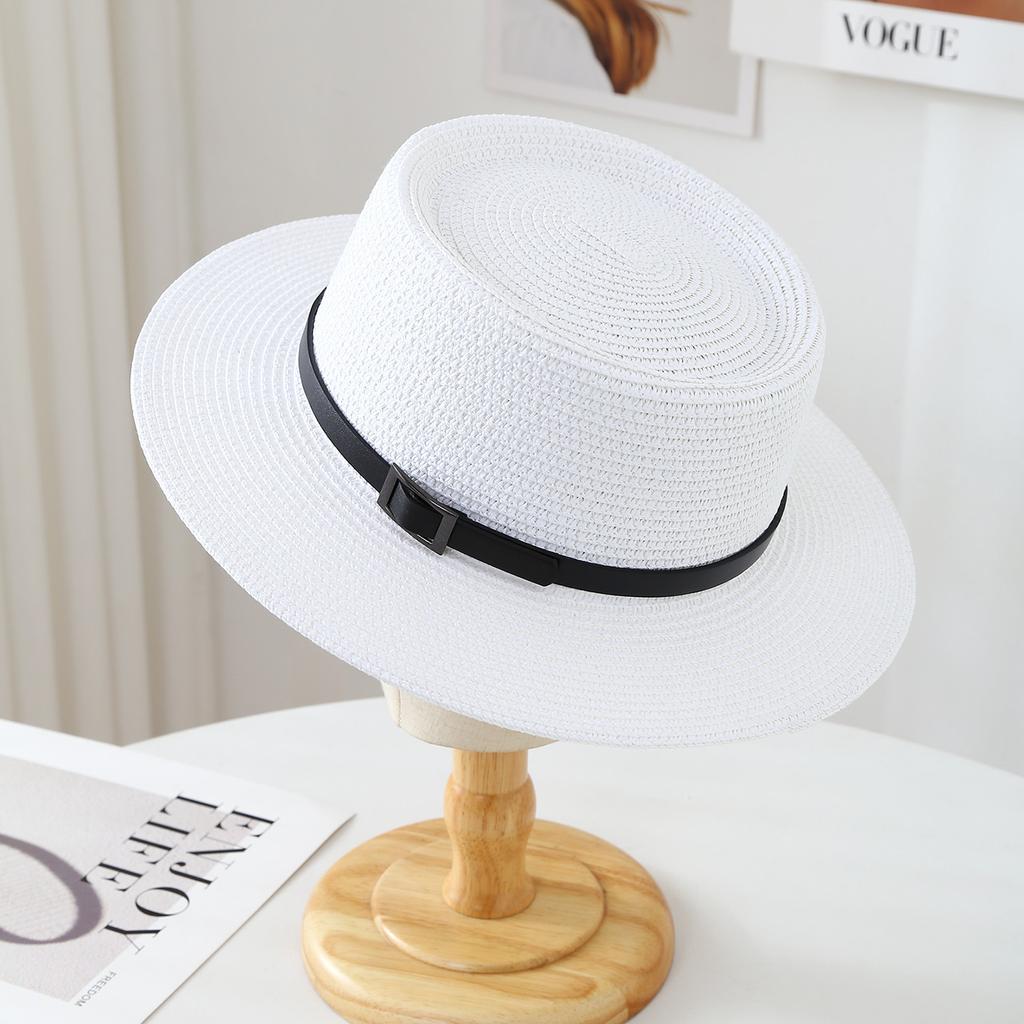 French Top Hat Flat Top Straw Hat Women's Retro Black Belt Buckle Straw Hat Sunscreen Shade Straw Hat Seaside Beach Hat