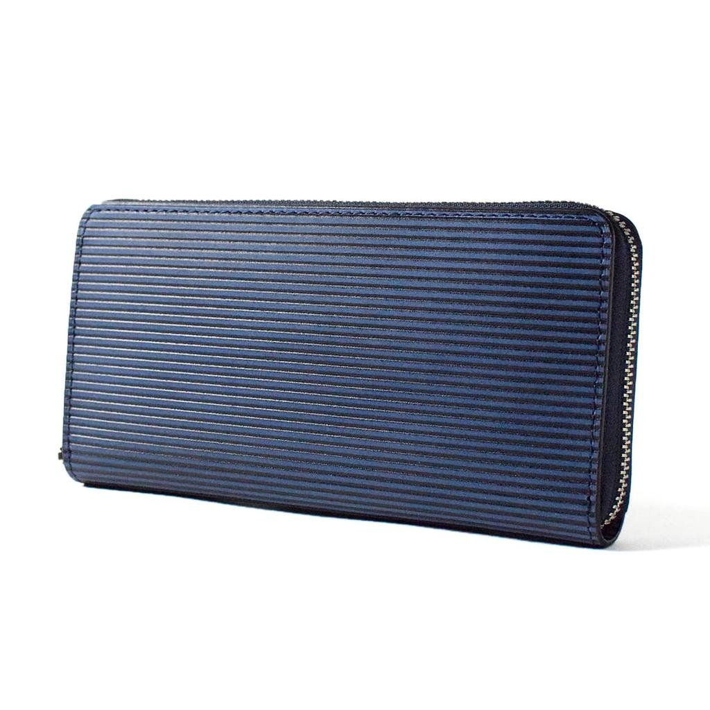 Baggy Port Long Zip-Around Wallet in Indigo-Dyed Leather with Straight Embossed Pattern, Men's, Women's, Unisex, ZYS-297 (Dark Blue)