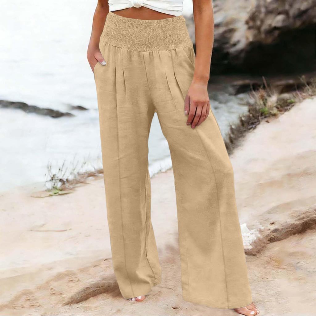 Women's Casual Fashion Cotton Linen Elastic Waist Pants With Pockets