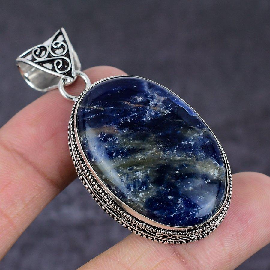Natural Sodalite Gemstone 925 Sterling Silver Jewelry Pendant 2.29" L0d16