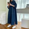 Women's Point Collar Long Sleeve Maxi Dress Oversized Mid Rise Vintage Side Slit Denim Dress