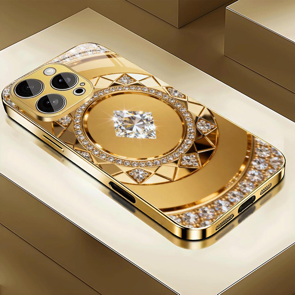 Luxuriöses goldenes rautenförmiges Designmuster galvanisierte Glas-Handyhülle geeignet für iPhone 17 16 15 14 13 12 11 usw.