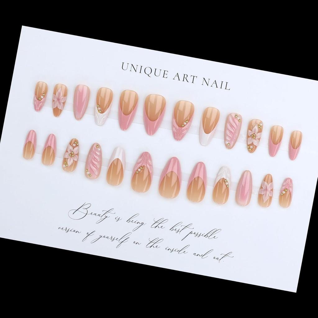 Pink French Tip Press on Nails Medium Almond Fake Nails with 3D Flower Designs Glossy Acrylic False Nails Golden Bead Artificial Glue on Nail