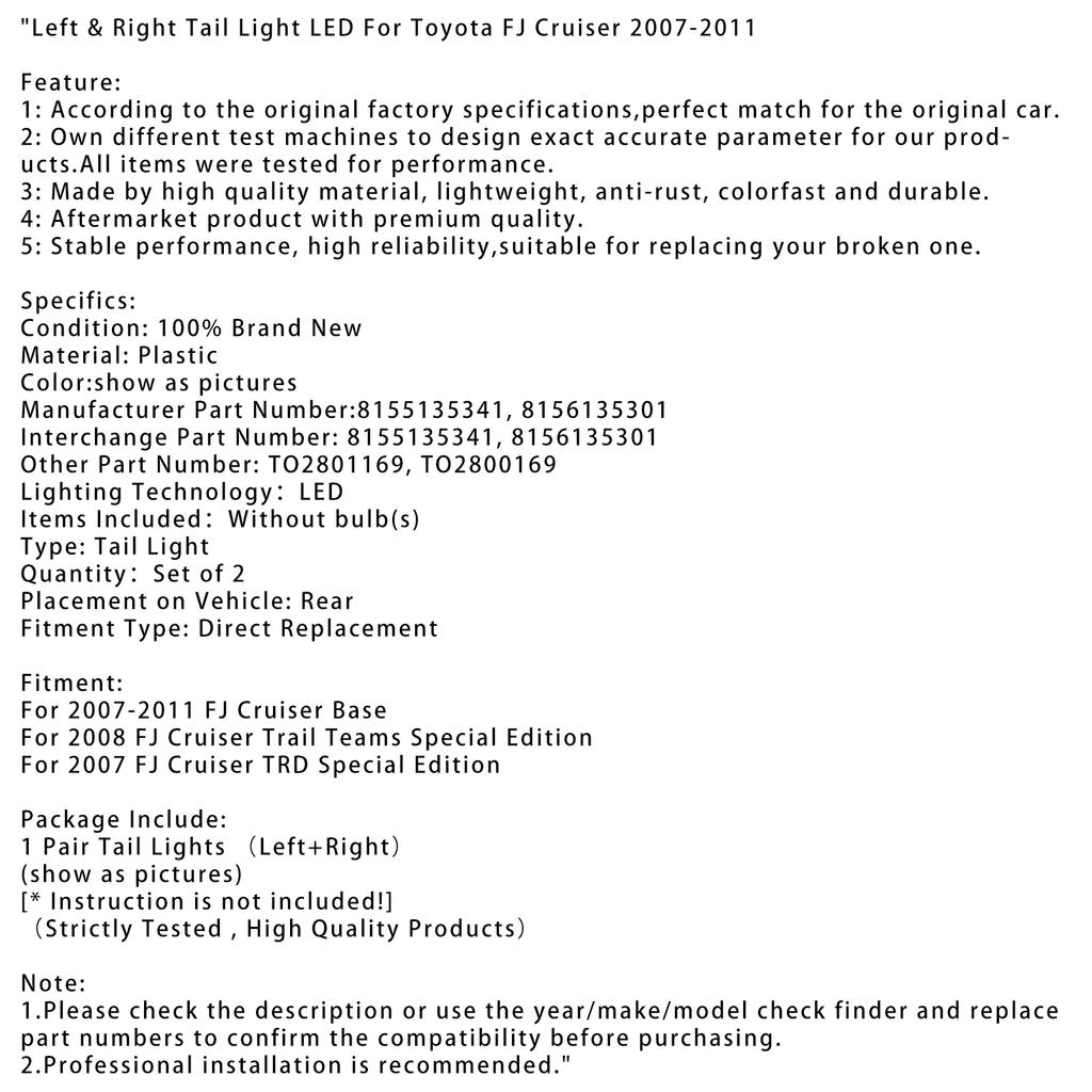 Left & Right Tail Light LED For Toyota FJ Cruiser 2007-2011