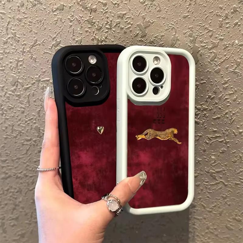 Wine Red Suede Gold Heart Leopard Silicone Phone Case For iPhone 17 16 15 14 13 12 11 Pro Max 17 Air 16E XS X XR 7 8 Plus Cover