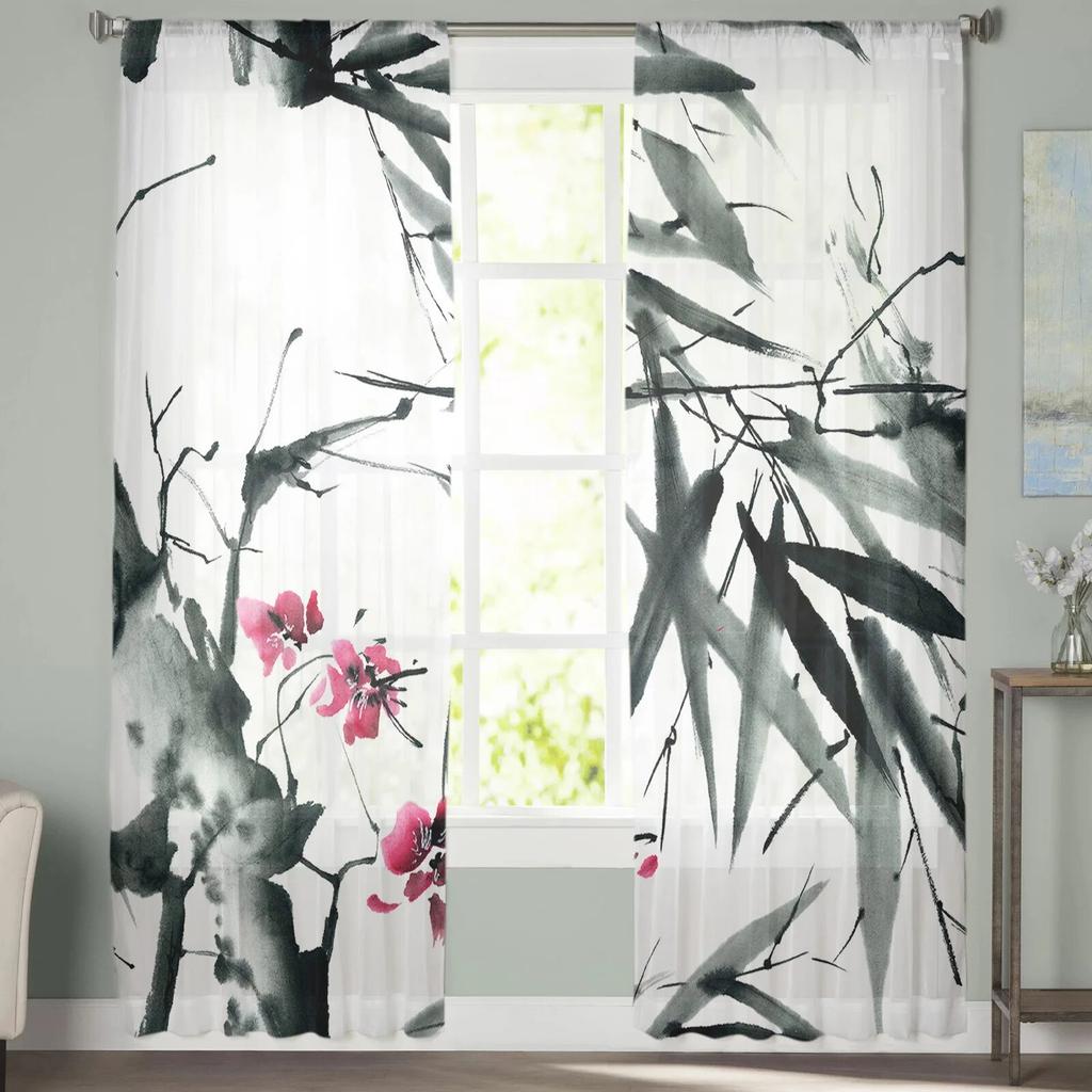 Bamboo Leaf Petal Blooming Sheer Curtain For Bedroom Tulle Voile Curtain For Kitchen Living Room Decor Window Treatment