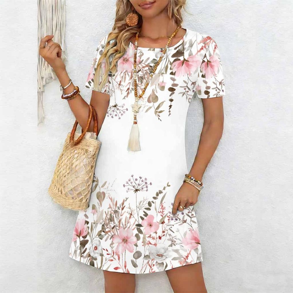 Moda Donna Grazioso Bellissimo Stampa Fiori e Erba Estate Primavera Manica Corta Girocollo Abiti Casual
