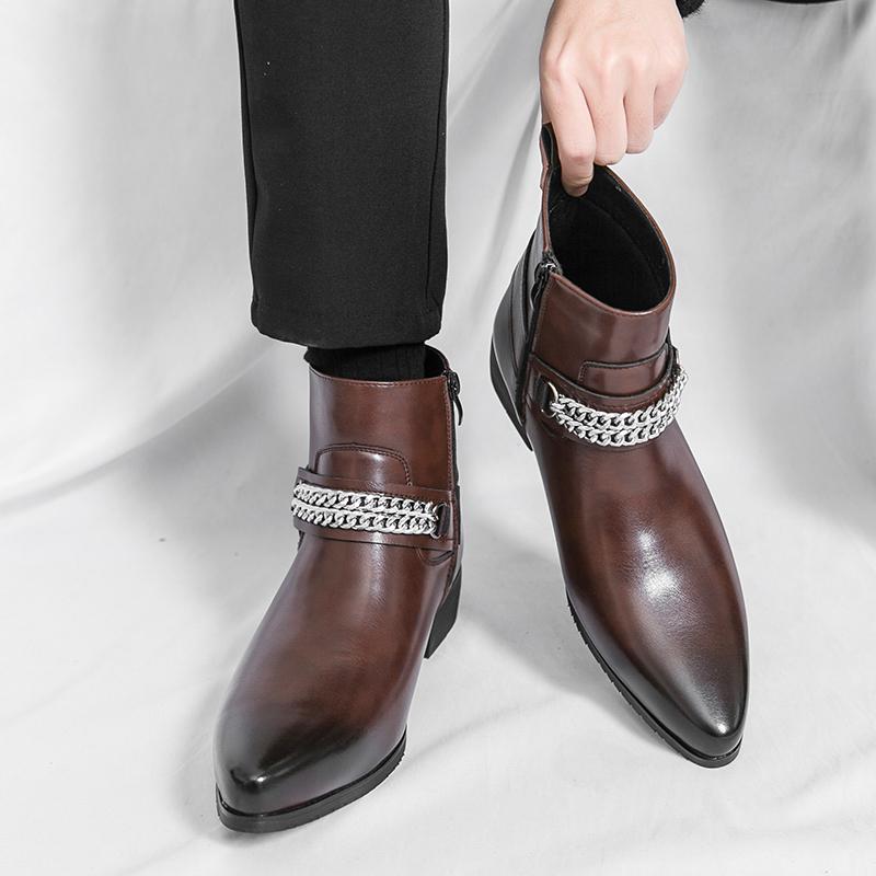 British Style Men's Comfortable Pointed Side Zipper Knight Boots Brand Autumn Men's Metal Cool Breathable Leather Boots