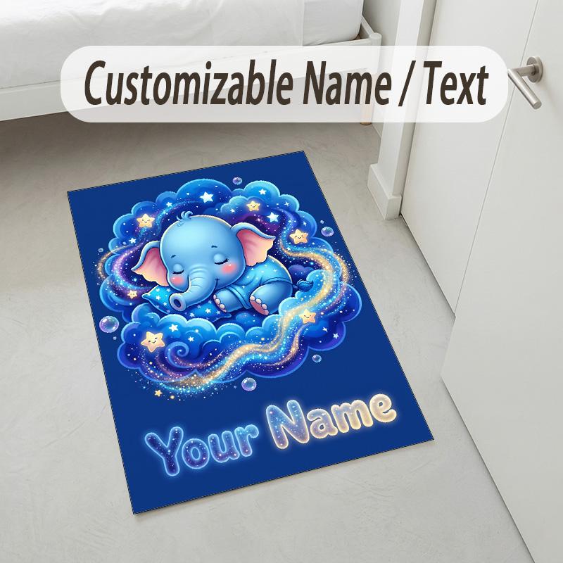 Elephant Theme Crystal Velvet Rug Personalized Custom Name Text Soft Floor Mat Home Decor