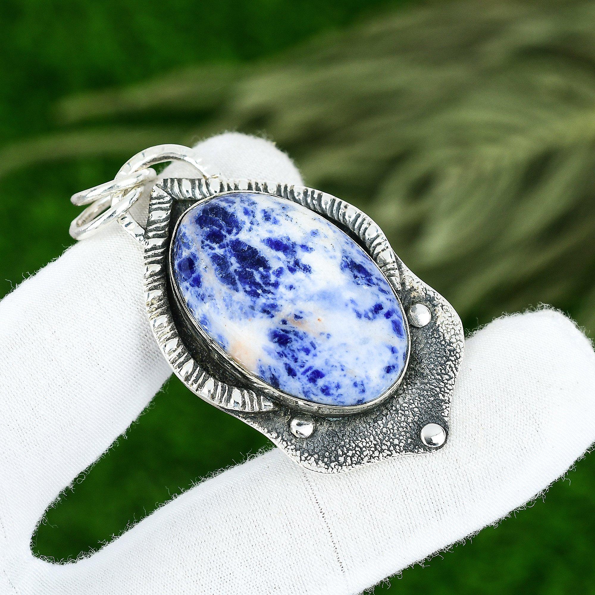 

Memorial Day Sale Sterling Silver Sodalite Stone Bezel Mother Wedding Pendant